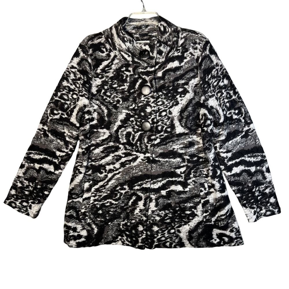 JM Collection Women's L Black White Gray Animal Print Button‎ Front Jacket Coat